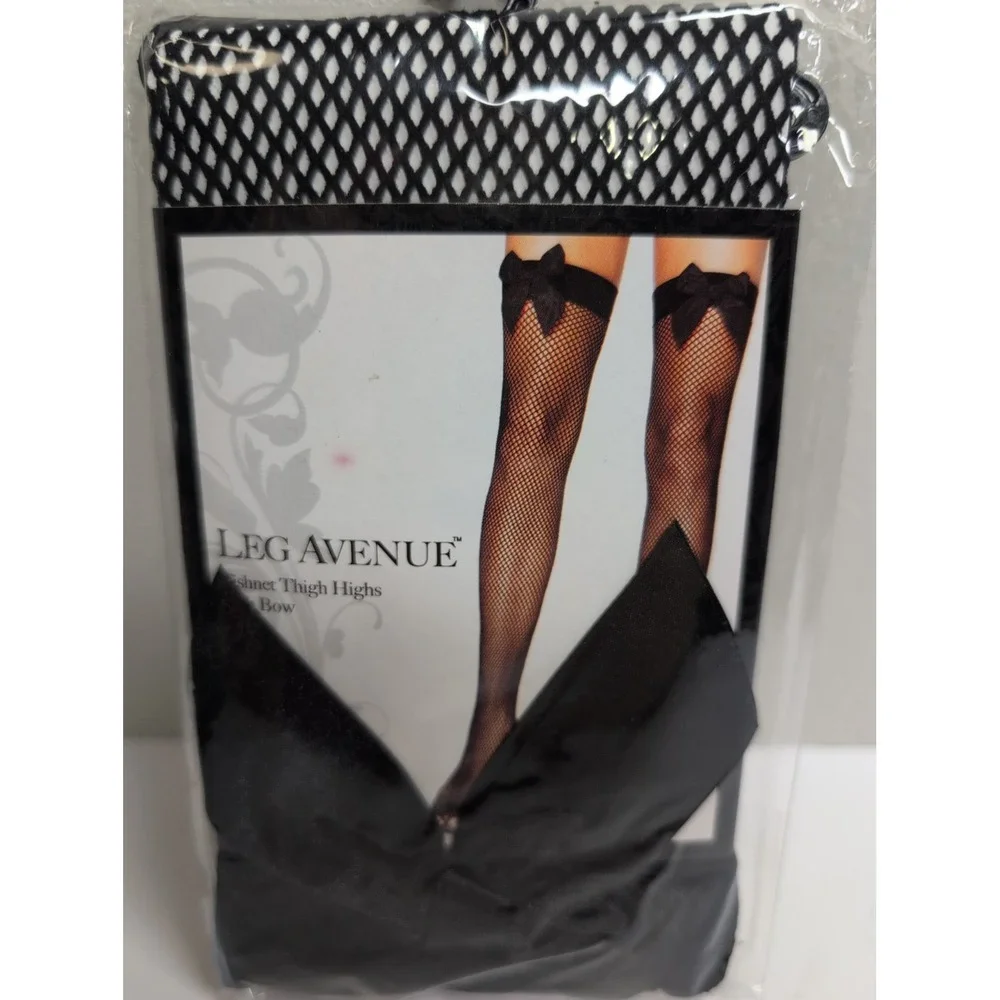 LEG AVENUE STYLE 9017 BLACK FISHNET THIGH HIGHS with BACKSEAM & SATIN BOWS - O/S
